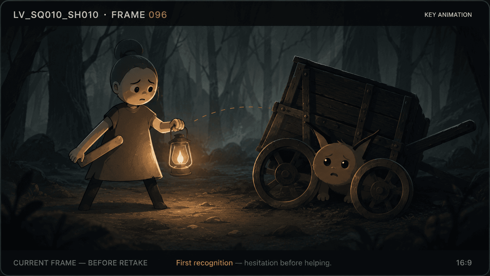 Storyboard frame of Mara hesitating on the left while Nib is trapped beneath a fallen courier cart on the right